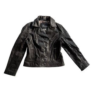 Vintage Guess Genuine Leather Jacket Distressed Black Moto Woman’s L Elbow Patch
